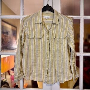 Burberrys Vintage Linen Button down Shirt / Blouse Striped Ling Sleeves Sz. 14